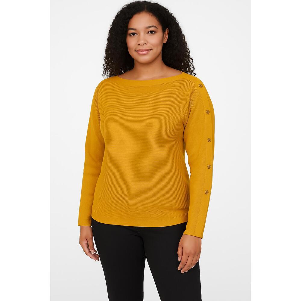 NWT NY And C Mustard Yellow Button Shoulder Boat Neck Long Sleeve Pullover Sweat